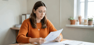 Keski-ikäinen nainen tarkastelee pikavipin sopimusasiakirjoja ja harkitsee koron takaisinperintää