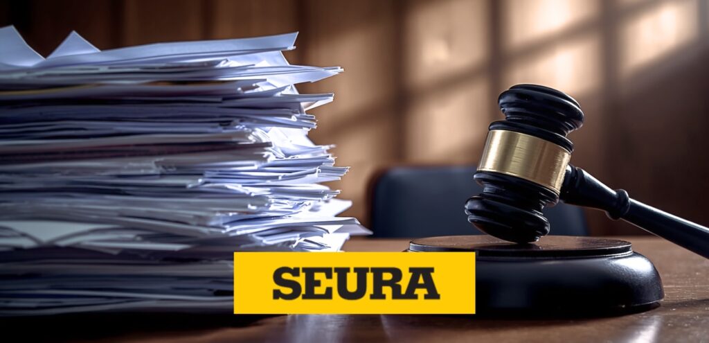 Suuri pino papereita ja tuomarinnuija edustavat ruuhkautunutta Suomen oikeuslaitosta ja hovioikeuksia