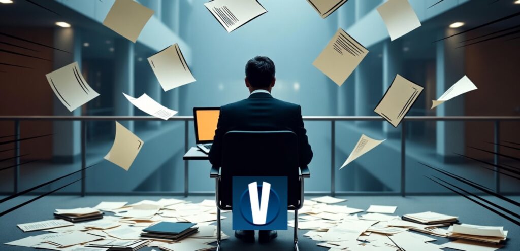 Hovioikeuden käytävä täynnä paperikasoja, lakimies selin kameralle työskentelemässä – symboloi Suomen hovioikeuksien ruuhkautumista ja pitkittymässä olevia käsittelyaikoja