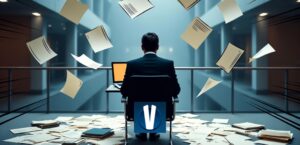 Hovioikeuden käytävä täynnä paperikasoja, lakimies selin kameralle työskentelemässä – symboloi Suomen hovioikeuksien ruuhkautumista ja pitkittymässä olevia käsittelyaikoja