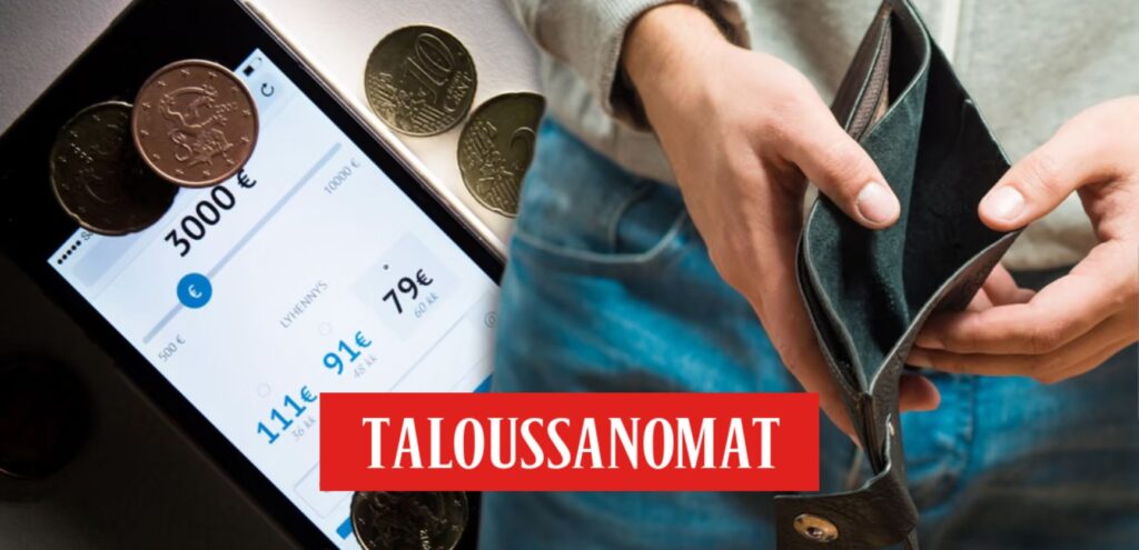 Tabletti, jossa näkyy 3000 euron lainahakemus ja kuukausierät, sekä henkilö, joka pitelee tyhjää lompakkoa. Eurokolikoita pöydällä. Kuvassa punainen Taloussanomat-logo.
